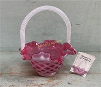 FENTON CRANBERRY OPALESCENT DIAMOND BASKET RUFFLED