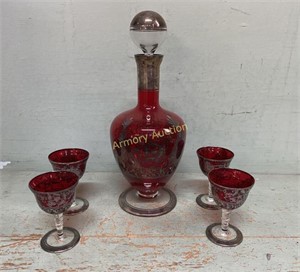 RED W SILVER OVERLAY GLASS DECANTER W 4 GLASSES