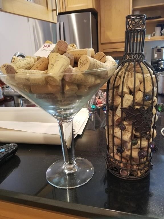 Large martini glass & wire wine bottle filled