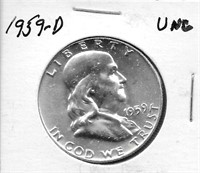 1959-D Franklin Silver Half Dollar, UNC.