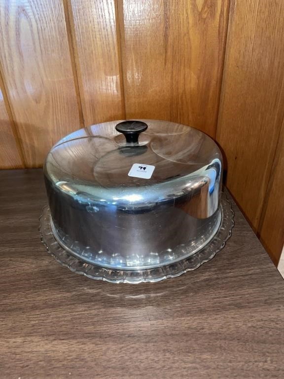 1960'S GLASS CAKE PLATE WITH METAL LID