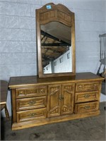 (EF) Oak Dresser 66”x 18” x 31”with Wall Mirror