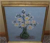 Vtg Framed Needlepoint Daisies Wall Art 12 x 14.5