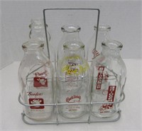 6 Vintage Milk Bottle w/Carrier - One Cracked