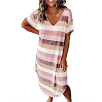O811  Frontwalk Cotton Nightgown, Striped Print Sl
