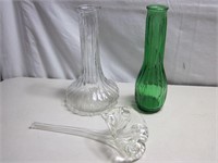 2 Glass Vases + Glass Flower