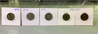 Five assorted liberty V nickels