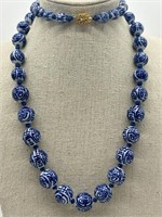 Antique Chinese Blue Ceramic Bead Necklace