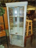 PAINTED LIGHTED, MIRRORED, CORNER CURIO CABINET