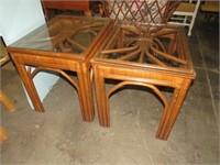 PAIR BAMBOO WICKER GLASS TOP SIDE TABLES