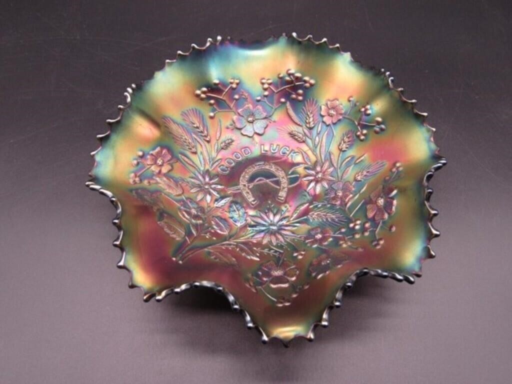 CARNIVAL GLASS "GOOD LUCK" 9 IN. BOWL: