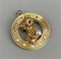 14K Gold Cat & Gemstone Brooch.