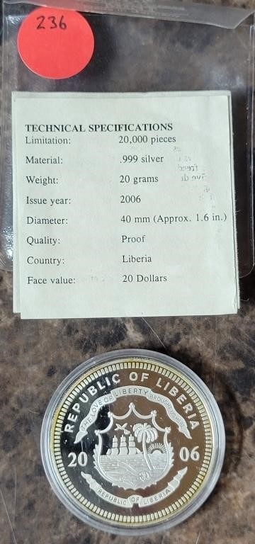 2006 SILVER PROOF LIBERIA $20 COIN