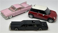 Die Cast Cars Limousine, Cadillac, Mini Cooper