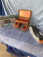 Tackle box, jewelry box, unused pair of boot