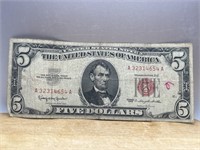 1963 Red Seal $5 Dollar Bill United Stated Note
