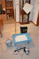 Floor Lamp, Fan, Wooden Tray, Magnifier / Lamp,