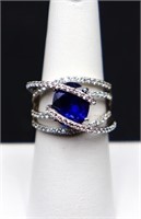 Sterling oval blue sapphire ring, lab grown