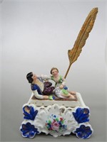 Antique Inkwell & Pen w/Boy & Girl Figurine