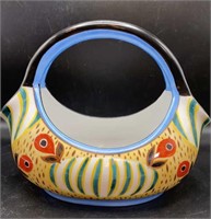 Vtg Noritake Double Spout Slipware Vase w/ Handle