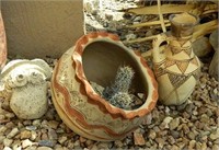 2 Chipped Pots & Pumice Owl (largest is 11" Dia.)