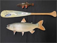 Trout Fish Decoy, Wood Carving & Painted Paddle