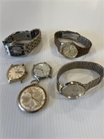 5 Mens Watches - 2 without bands, & 1 Pocket Watch