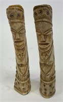 2 Hand Carved Bone Tribal Sculptures 5.5"