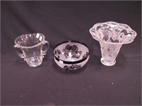 Three glass items: 7 7/8" Heisey Cathedral vase