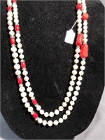 Real pearls and red coral necklace 34 inch drop