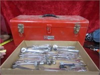 Metal red tool box w/rachets and wrenches.