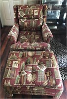 Arm chair and ottoman with patterned upholstery