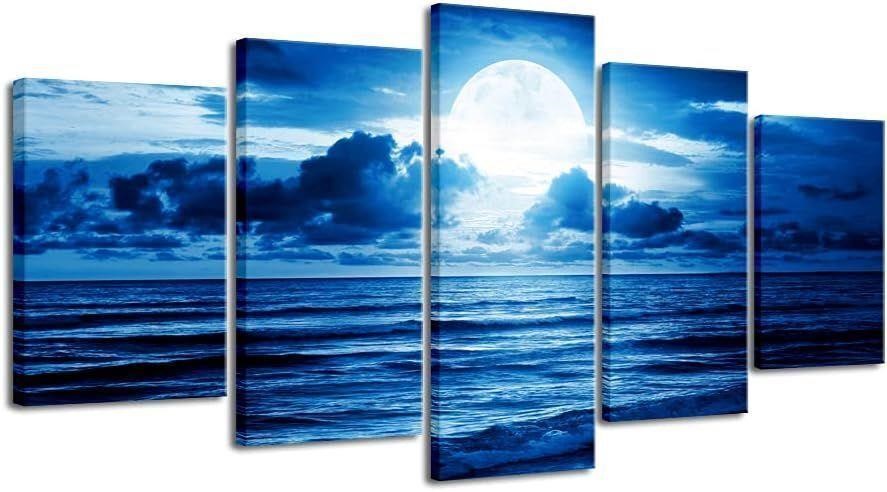 XL Clouds 5 Panels Moon Sea Beach CanvasWallArt Bl
