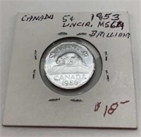1953 Canada 5 cents- brilliant uncirculated coin