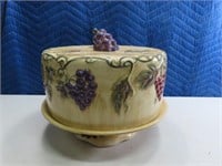 12" Covered Pottery Grape Pattern Cake Dish marked
