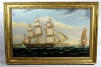 [C] ~ Framed Unsigned O/C Harbor Scene w/ Ships