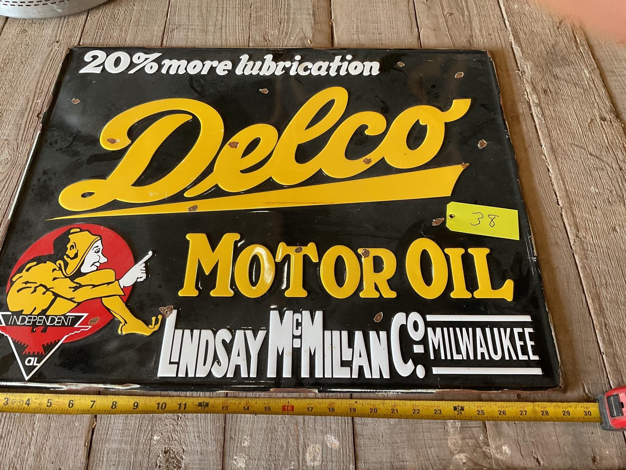 Large Delco motor oil metal sign