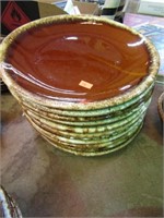 12-- HULL BROWN DRIP POTTERY DINNER PLATES