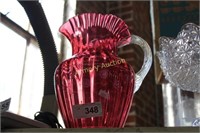 BLOWN ART GLASS RUBY PITCHER WITH APPLIED CLEAR