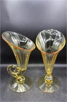 Pr. Cambridge Mandarin Glass Gold Cornucopia Vases