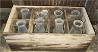 Wooden Milk Crate with 8 Vintage Milk Bottles