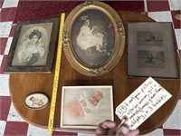 6 antique pictures Victorian convex cockfight baby