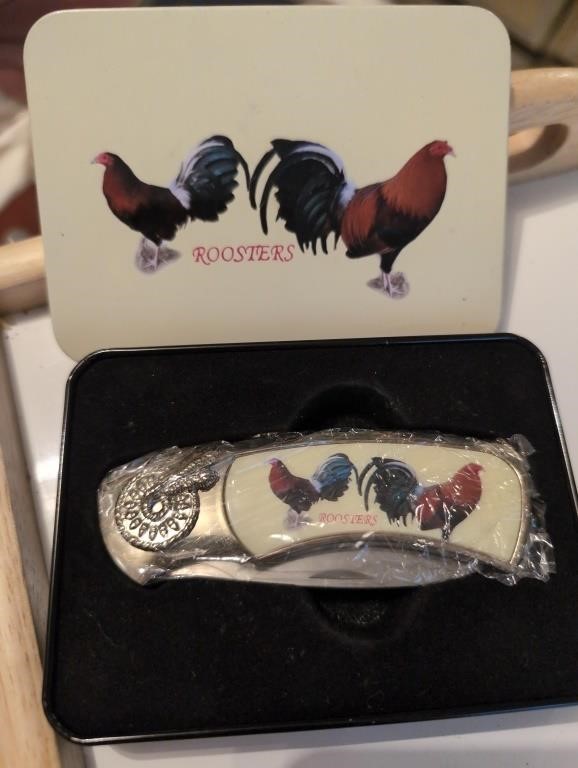 Roosters pocket knife new in tin