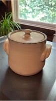 Vintage stoneware crock bean pot, blue sponge