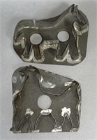 2 tin horse shaped cookie cutters ca. 1870-1910;