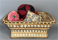 Victorian era woven straw sewing basket with