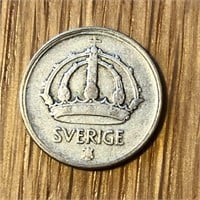 1945 Sweden Silver 25 Ore Coin