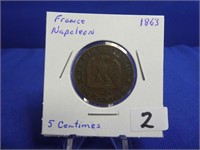 1863 France Napoleon  I I I  5 Centimes