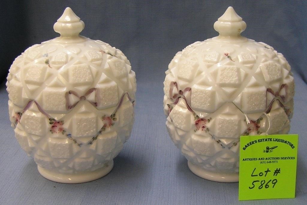 Pair of floral hand painted milk glass covered jar