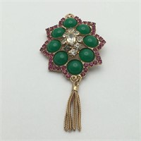 Goldtone Brooch With Clear, Green & Pink Stones